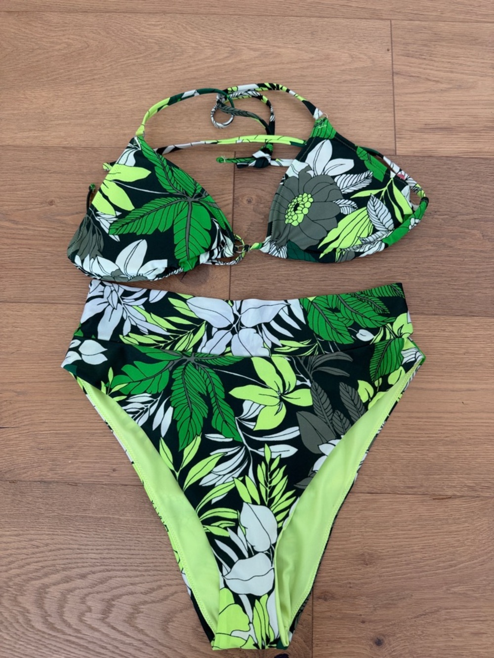 aerie Black & Neon Green Floral High-Waist Bikini Set